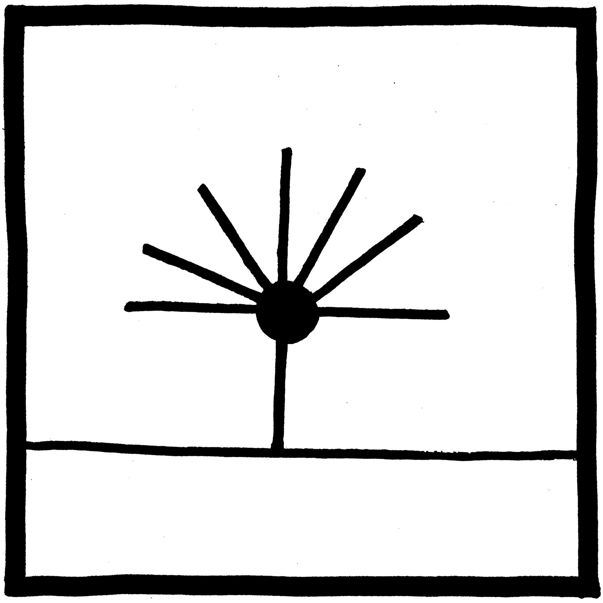 Black circle with radiating lines, resembling a sun, is drawn on a white background with a rectangular border.