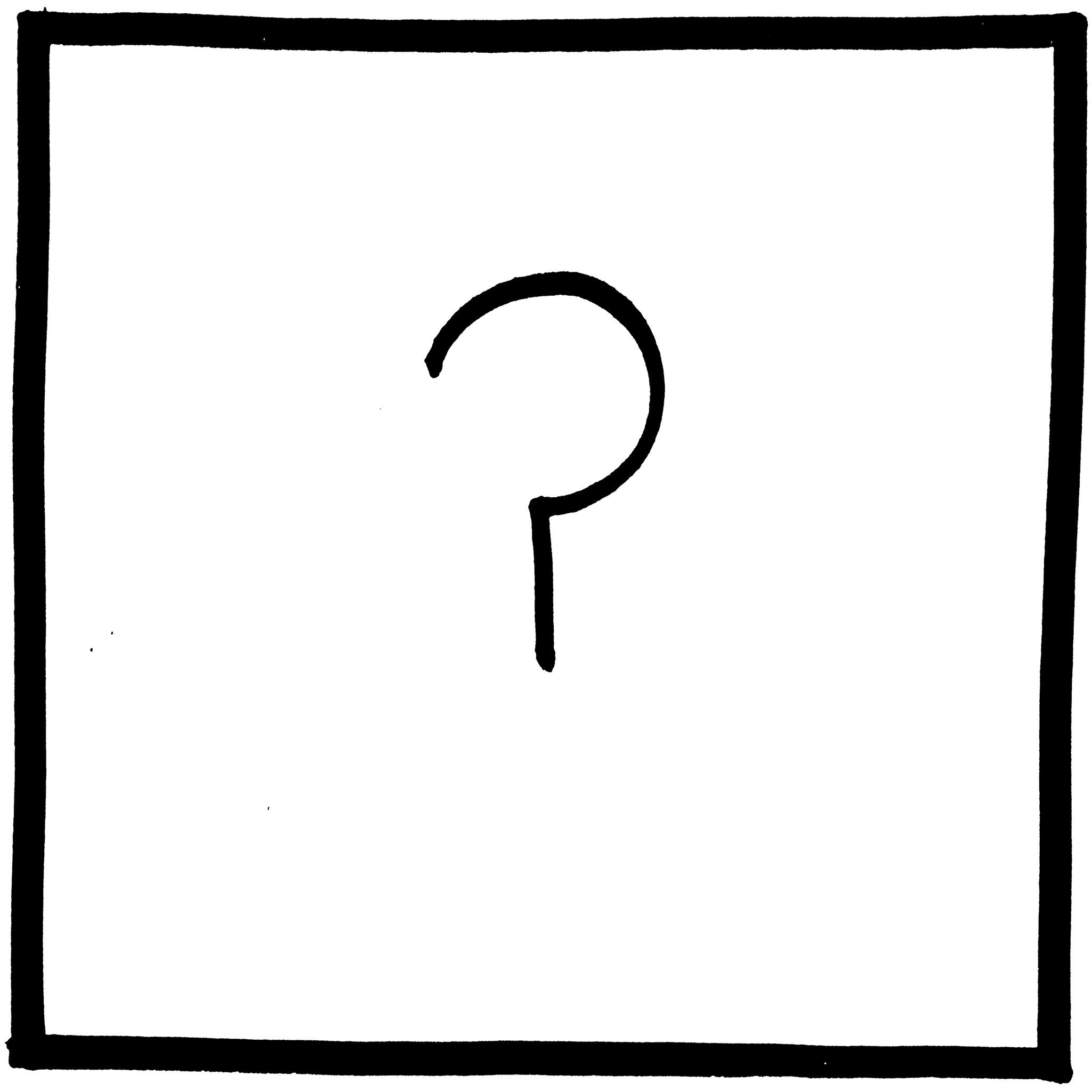 A simple black question mark stands centered on a plain white background within a black-bordered square.