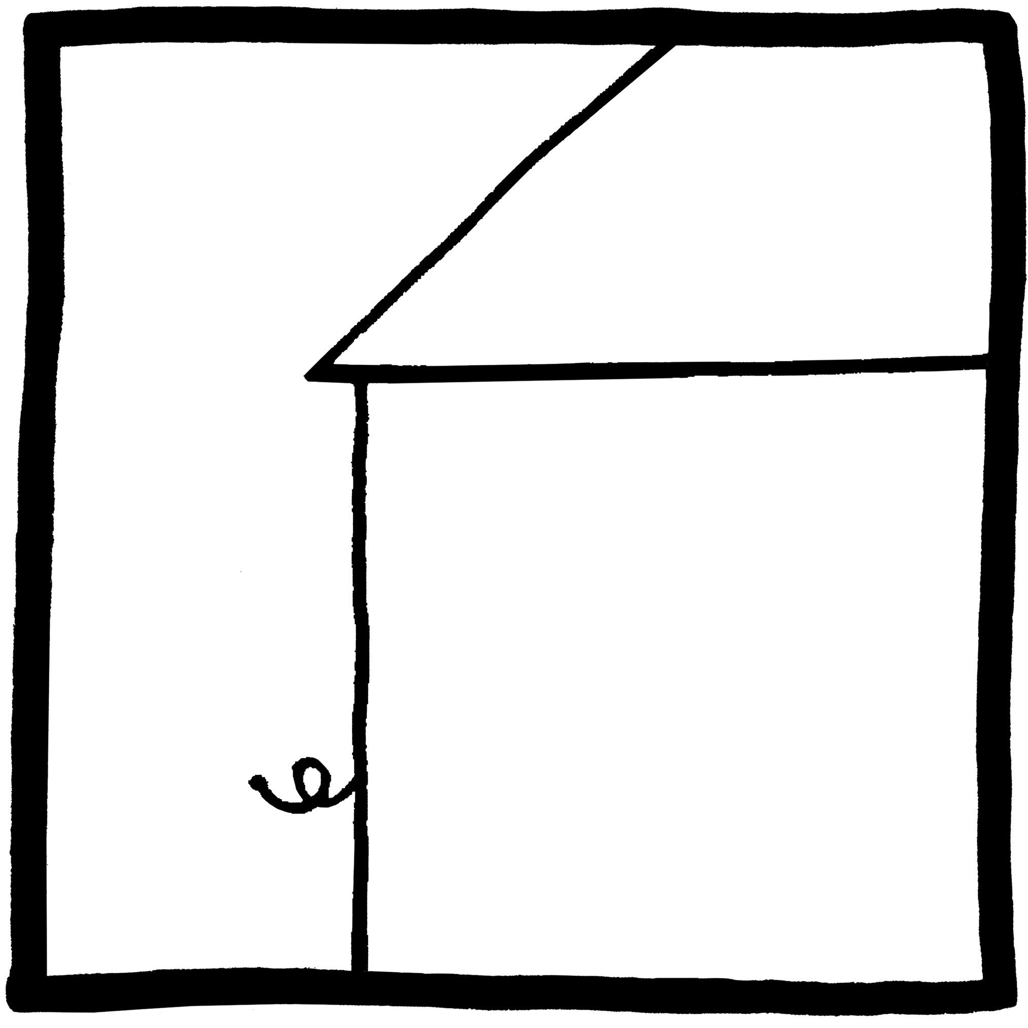 A spiral spring emerges from a straight vertical line, resembling a house wall with a triangular roof, within a black-bordered frame.