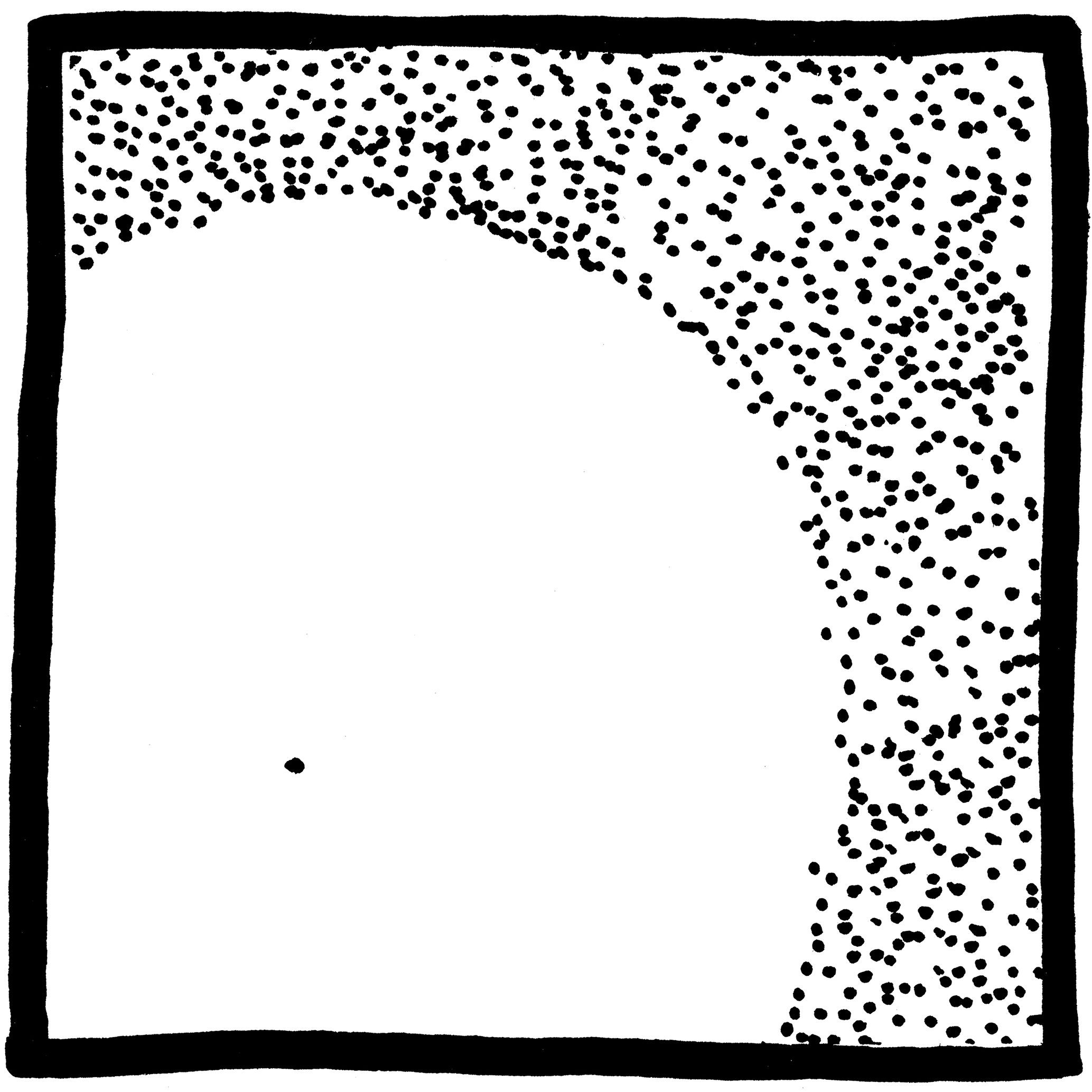 Numerous black dots cluster in the top right corner, gradually dispersing across a white rectangular background.