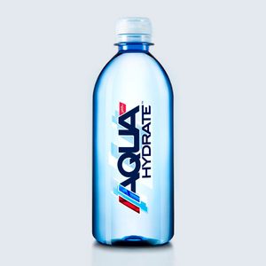 Blue plastic bottle stands upright, featuring the text 