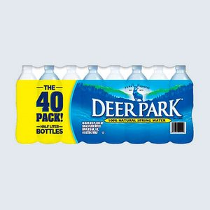 Water bottles are shrink-wrapped in a large pack. 