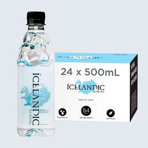 Bottle standing beside box, showcasing Icelandic Glacial water branding and text: 