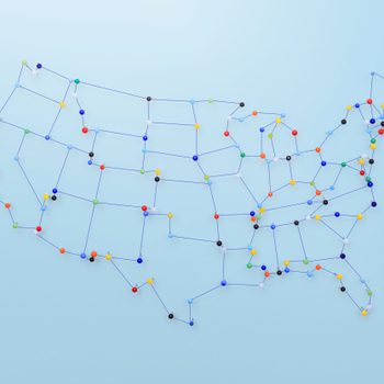 Colored pins connected by blue strings form a map outline, showcasing a network on a light blue background.