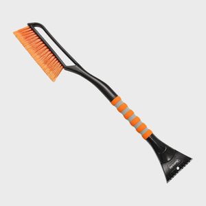 Scraper-brush tool resting, with an orange brush head and handle grip, against a plain white background. Brand name 