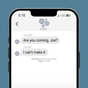 Smartphone display shows a group chat with four participants; Joe declines an invitation, then leaves the conversation.