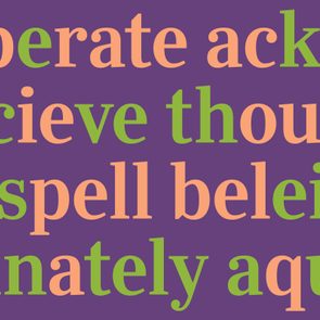 Misspelled words displayed in colorful text on a purple background, including 
