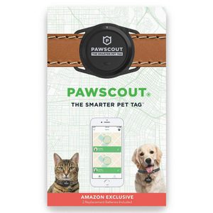 Pet tag attached to collar displays app features; background shows map. Includes images of a cat and dog wearing tags. Text: 