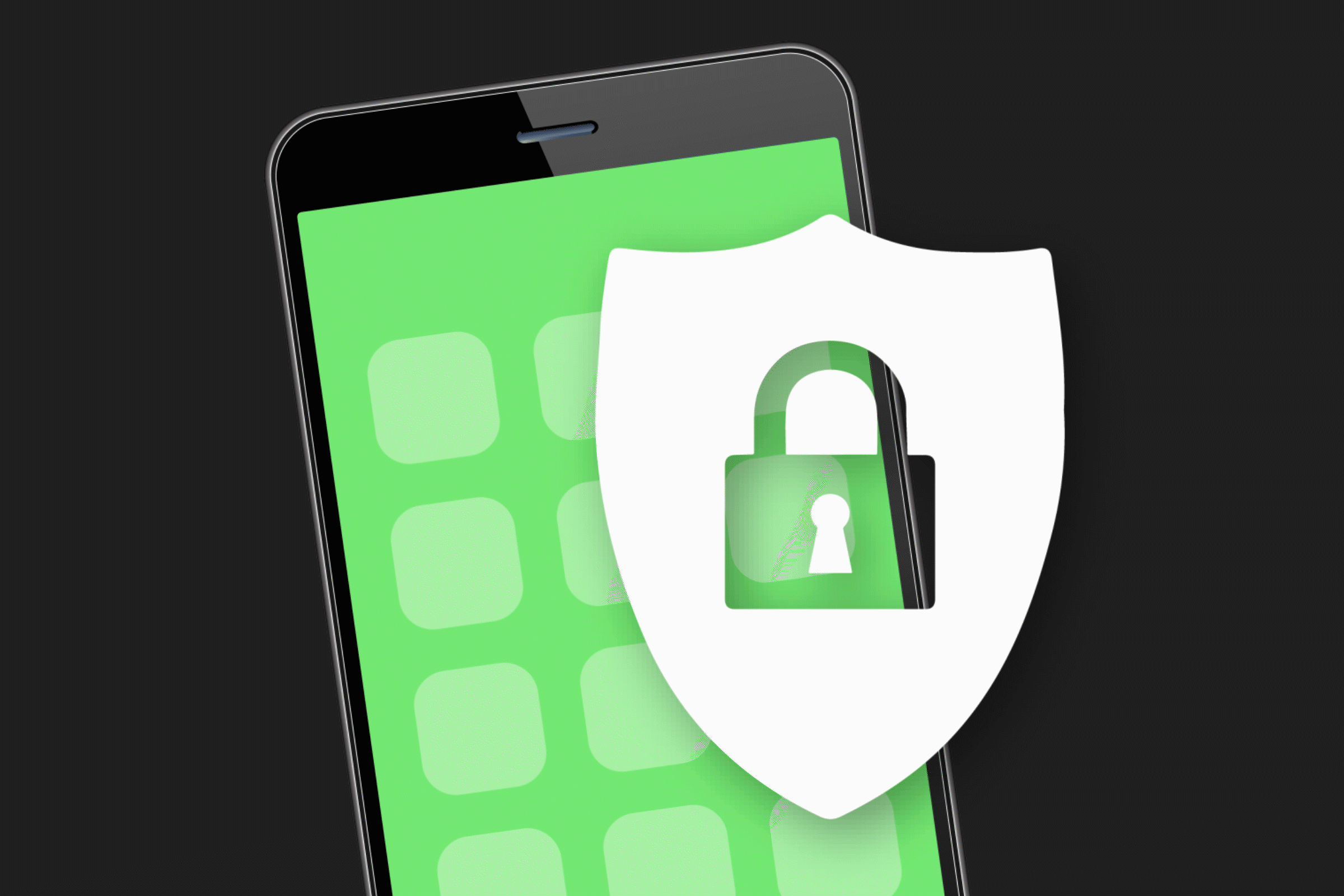 Smartphone displays green app icons, partially covered by a white shield icon with a lock, on a dark background.