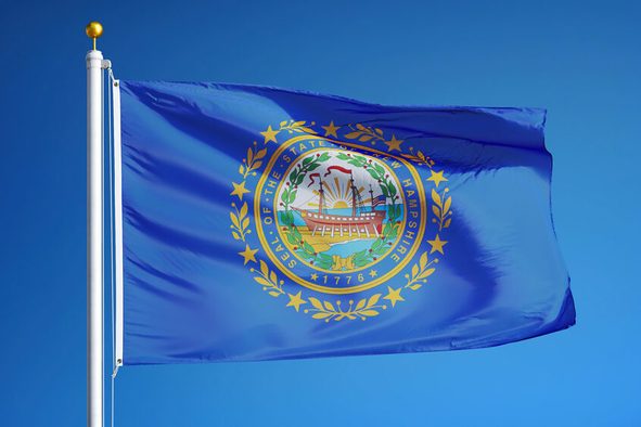 New Hampshire (U.S. state) flag waving against clear blue sky, close up, isolated with clipping path mask alpha channel transparency, perfect for film, news, composition