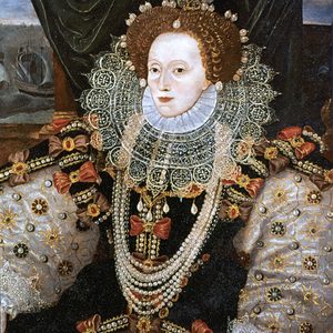 A regal woman sits, adorned in an elaborate jeweled gown, large lace ruff, and pearls, with ships visible through a window behind her.