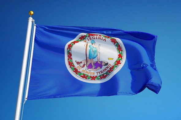 Virginia (U.S. state) flag waving against clear blue sky, close up, isolated with clipping path mask alpha channel transparency, perfect for film, news, composition