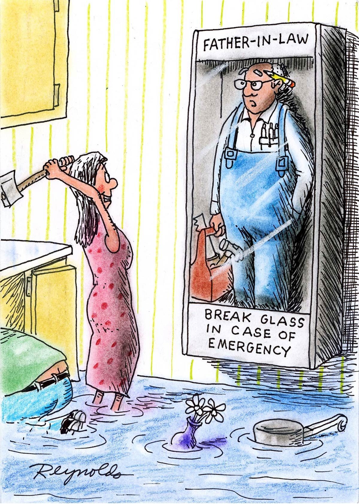 Woman holds axe, facing glass case labeled "Father-in-law, break glass in case of emergency" in flooded kitchen.