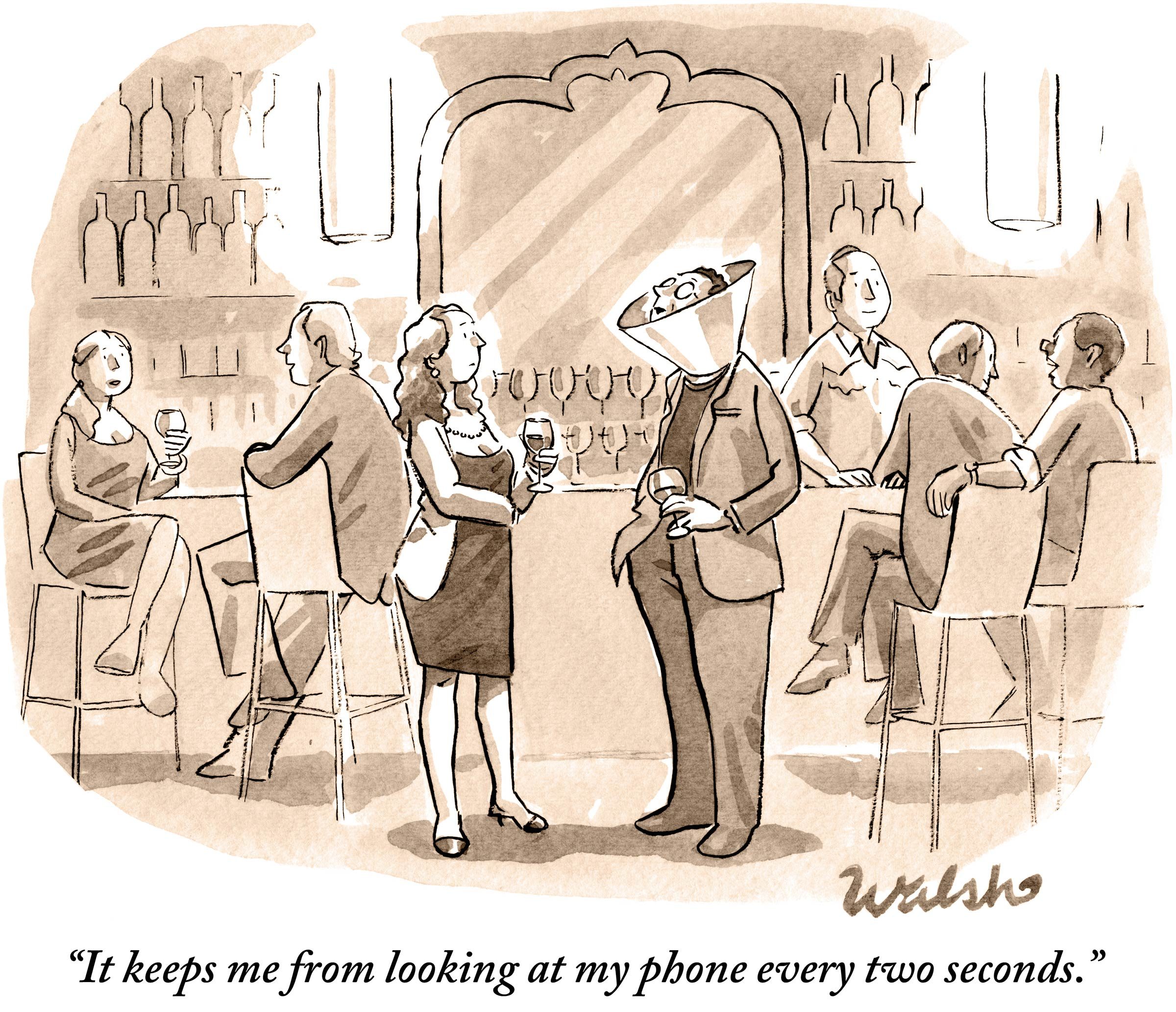 Man wearing a pet cone holds a drink, talking to a woman in a bar. Caption: â€œIt keeps me from looking at my phone every two seconds.â€