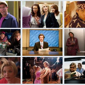 A collage of nine movie scenes featuring people engaged in various humorous or dramatic situations, some in costumes, indoors or in vehicles.