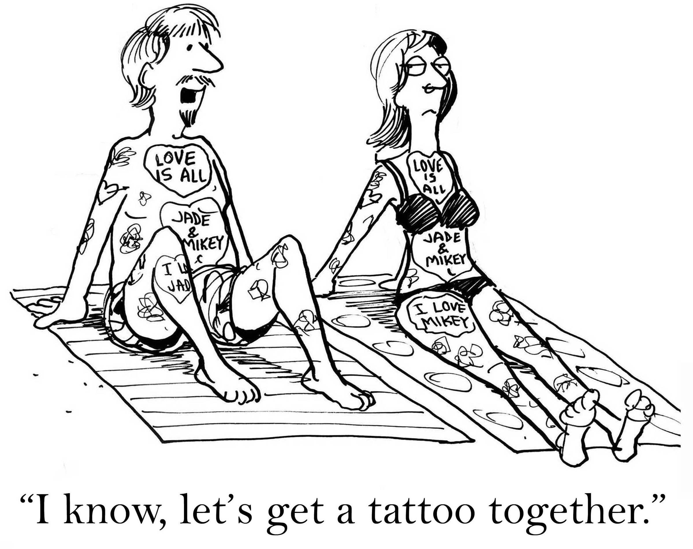 Two tattooed people relax on mats, displaying abundant love-themed tattoos while suggesting more. They each have tattoos reading "LOVE IS ALL," "JADE & MIKEY."