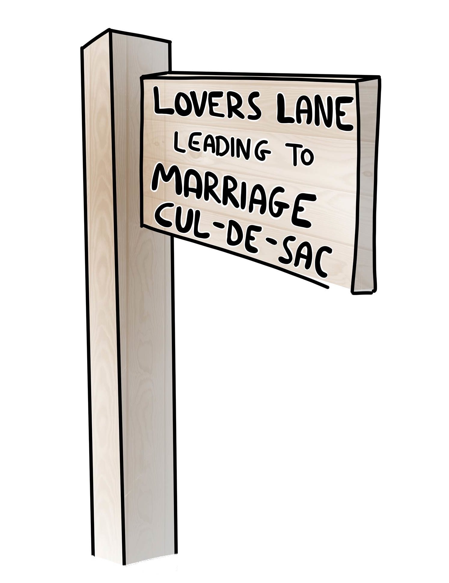 A wooden street sign displays the text: "LOVERS LANE LEADING TO MARRIAGE CUL-DE-SAC" in bold lettering against a simple white background.