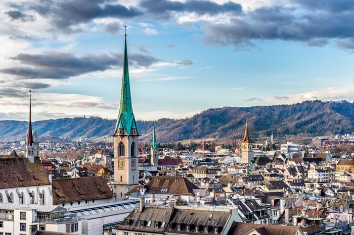 Scenery of old town of Zurich, Switzerland from University hill.