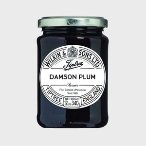 Jar holds Damson Plum preserve, labeled 