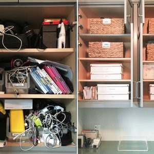 Disorganized cables and gadgets in a cabinet become neatly sorted into labeled baskets and boxes within the same shelves.