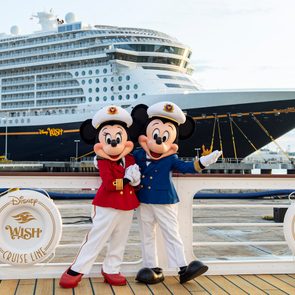 Characters in captain uniforms pose on dock, with a large cruise ship in the background. Lifesaver reads 