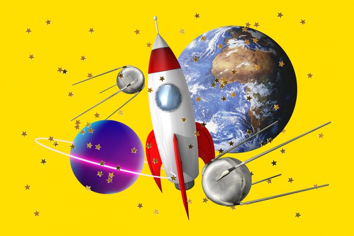 scientific concepts collage; planets, rocket, earth, stars