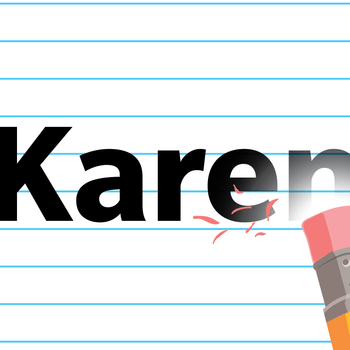 Eraser partially erases the word "Karen" on lined paper, with shavings scattered around.