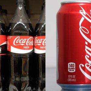 Coca-Cola Zero bottles displayed in a store; Coca-Cola can on the right with 