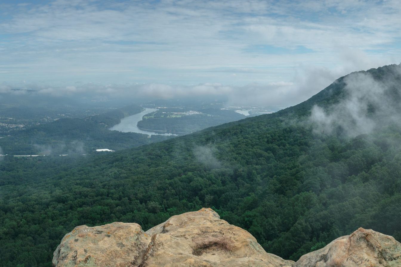 Panorama shot taken at Sunset Rock on Lookout Mountain in Chattanooga Tennessee. Misty morning overlooking the river.