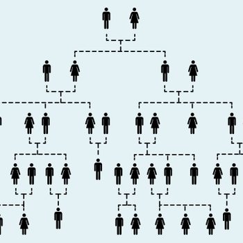 Silhouettes form a family tree; figures are connected by dashed lines, depicting generational relationships on a light background.