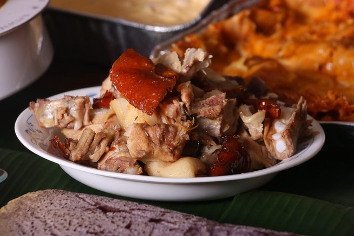 Chopped Parts of Lechon or Suckling Pig which is the national dish of the Philippines and Puerto Rico. It has it roots in Spain and Latin American countries where is usually prepared during festivals.