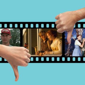 Film strip displays iconic movie scenes; thumbs-down gesture overlays images, set against a blue background. 