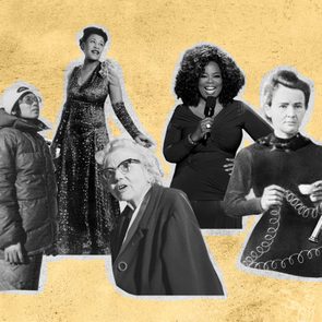 Five women, posing separately, appear in a collage against a yellow background. Each woman displays a distinct historical or cultural style.