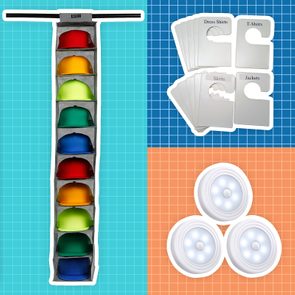 Hats stored in a vertical organizer; labels for clothing types; three LED lights; all arranged on a colorful grid background.