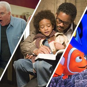 Three panels show: man shouting indoors; adult reading to child in jacket; blue fish talking to orange fish underwater.