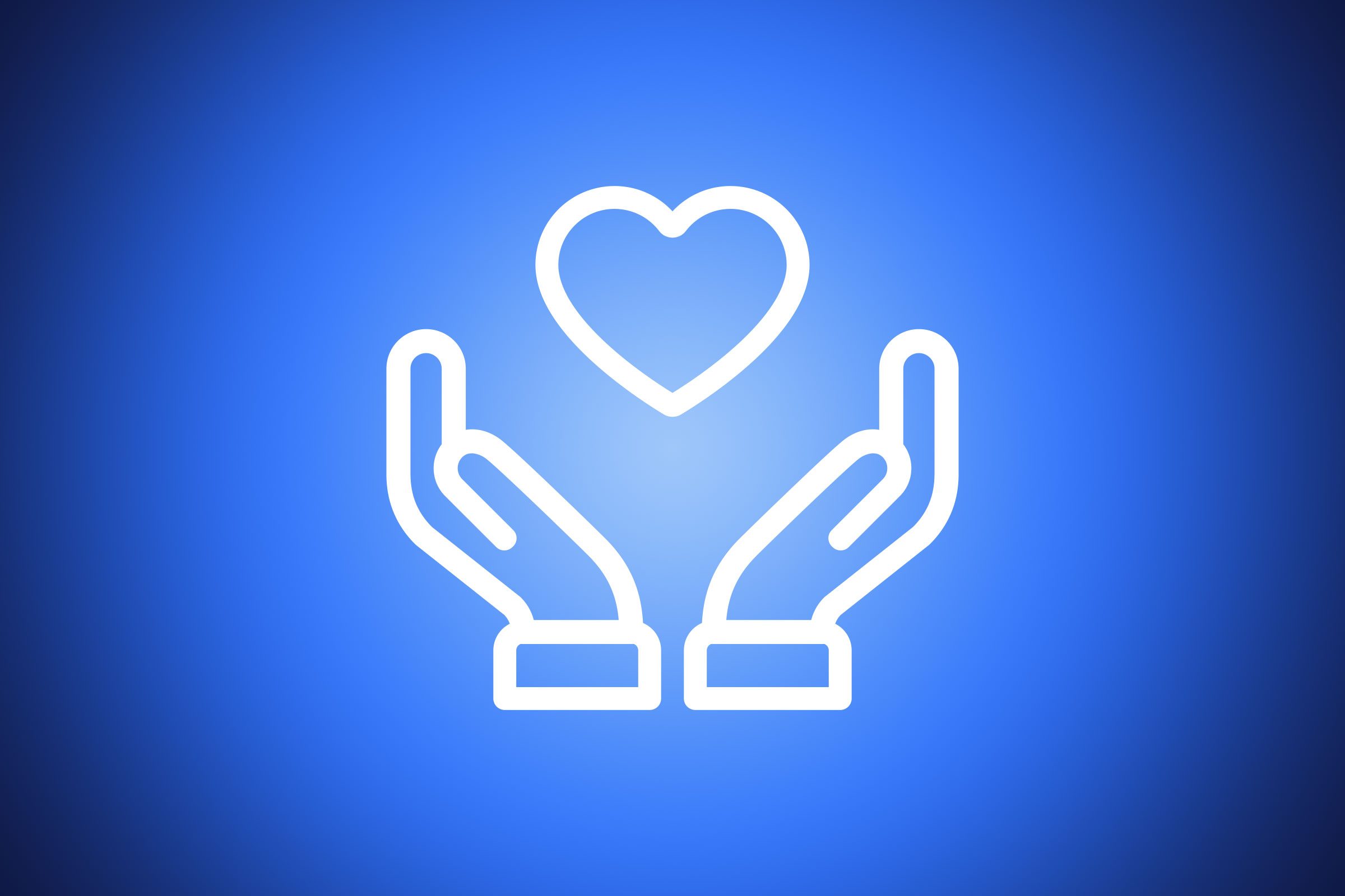icon of two hands around a heart shape on blue background