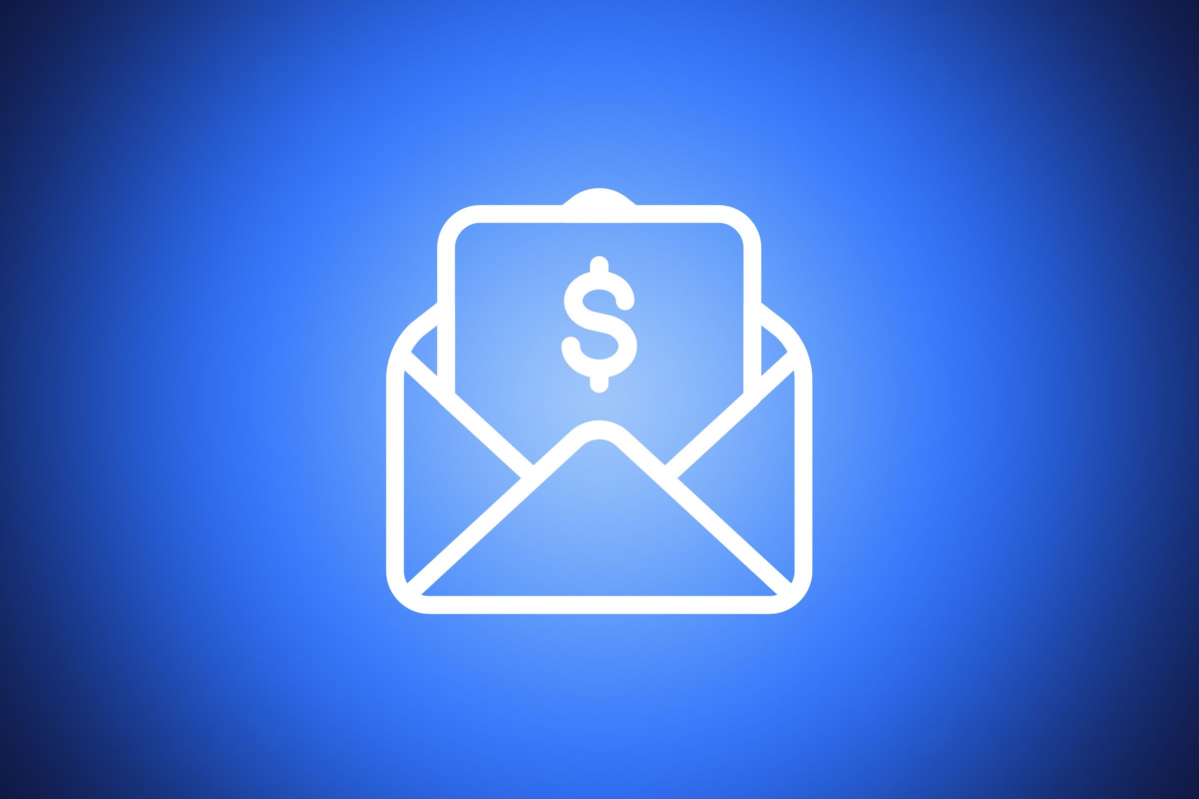 icon of envelope with a dollar sign coming out on blue background