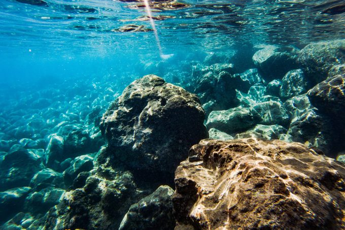 Texture of stones, earth, seabed with coral reefs and algae under blue-green water, underwater sea view, ocean in a tropical resort. Mediterranean sea. Greece. Background
