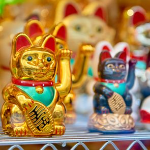 Golden waving cat statue, surrounded by similar colorful figures, sits on a metal shelf. Japanese characters adorn the statue's front.