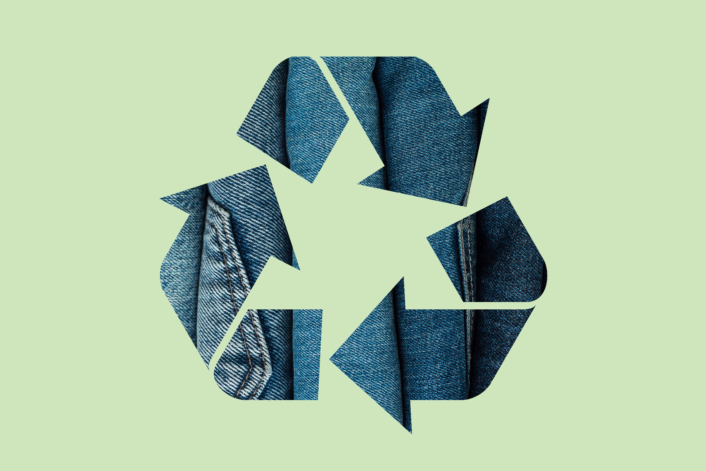 Recycling symbol incorporates denim texture, creating a fabric-themed design on a pale green background.