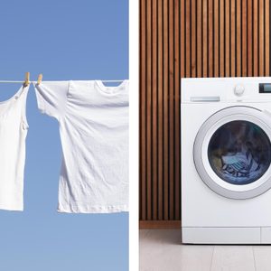 Clothes hang on a line outdoors; a washing machine sits indoors against wooden paneling.