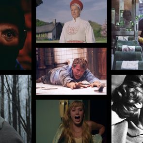Collage of intense movie scenes: people expressing fear, determination, or solemnity, in various settings including a forest, a train, and a vintage film moment.