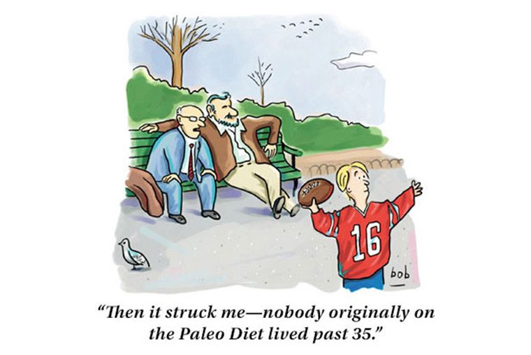 Two men sit on a park bench, observing a child holding a football. Caption: "Then it struck meâ€”nobody originally on the Paleo Diet lived past 35."