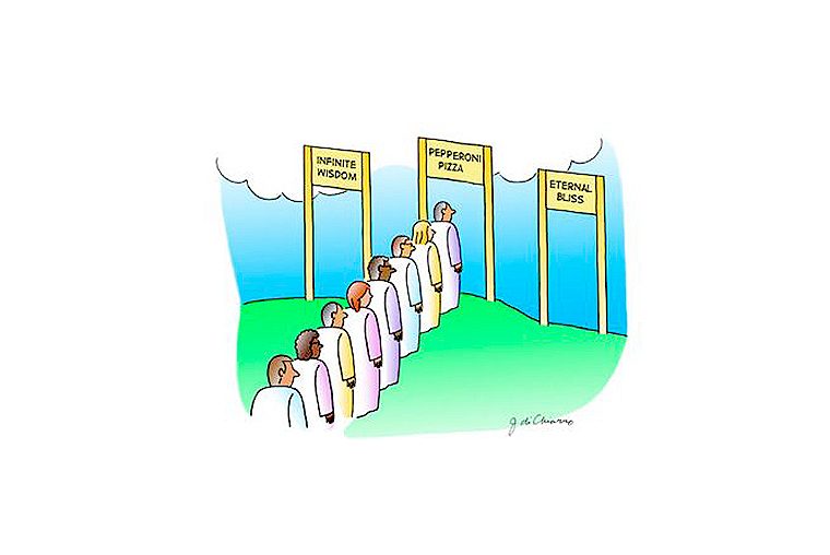 People form a queue toward a "Pepperoni Pizza" sign between "Infinite Wisdom" and "Eternal Bliss" signs, in a cartoonish, celestial setting.