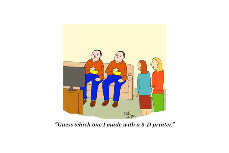 Two identical men sit, holding bowls, on a couch while two women stand nearby. Caption reads, â€œGuess which one I made with a 3-D printer.â€
