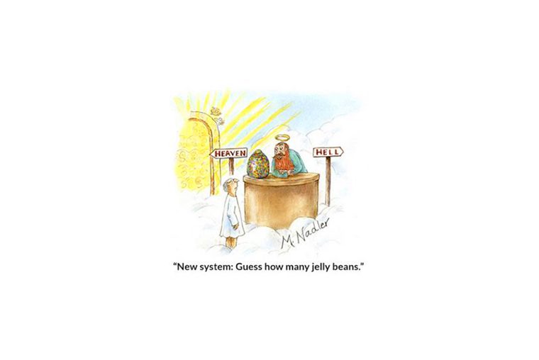 Angel at a desk asks person to guess jelly beans; heaven and hell signs surround. Text: "New system: Guess how many jelly beans."