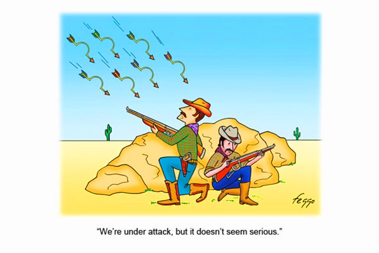 Cowboys hold rifles, crouching behind rocks in a desert. Arrows fly overhead. Caption reads, "We're under attack, but it doesn't seem serious."