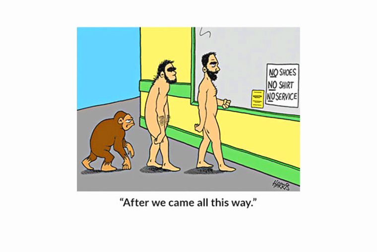 Three evolving figures walk past a sign reading "NO SHOES NO SHIRT NO SERVICE" outside a building. Caption: "After we came all this way."