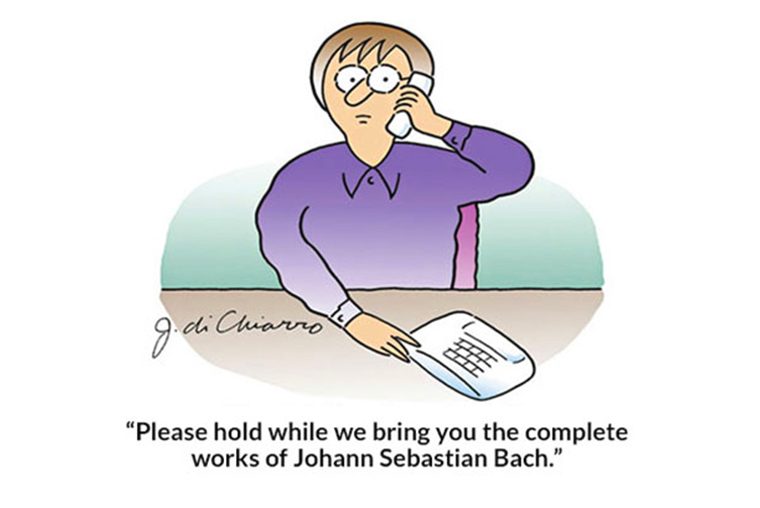 Person on phone, eyes wide, waits while sitting at desk; caption humorously mentions holding for Johann Sebastian Bach's complete works.