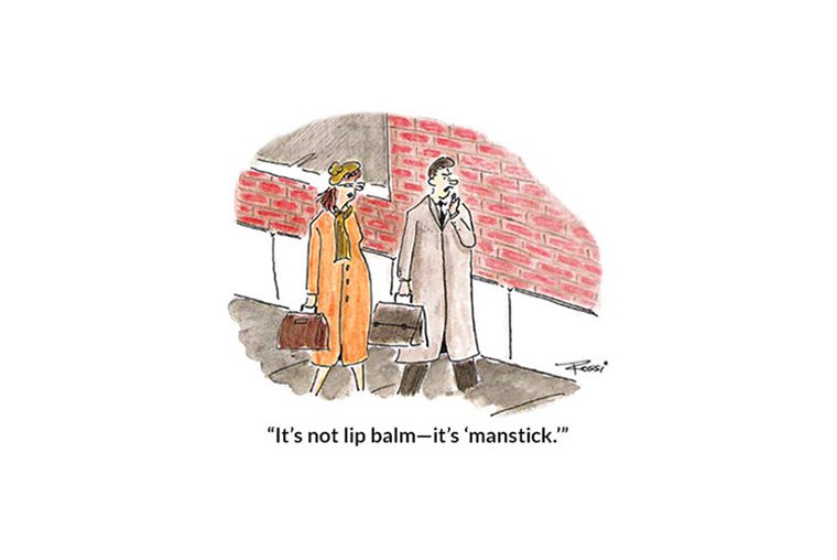 Man applies lip balm while walking with a woman, both carrying briefcases, along a sidewalk with a red brick wall. Text reads: â€œItâ€™s not lip balmâ€”itâ€™s â€˜manstick.â€™â€